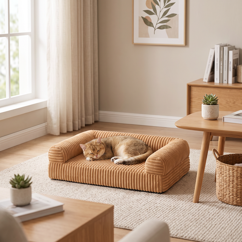 PetPilot Dog Sofa Bed | Striped Synthetic Short Fur Pet Sofa Bed With Three-Sided Cushions For