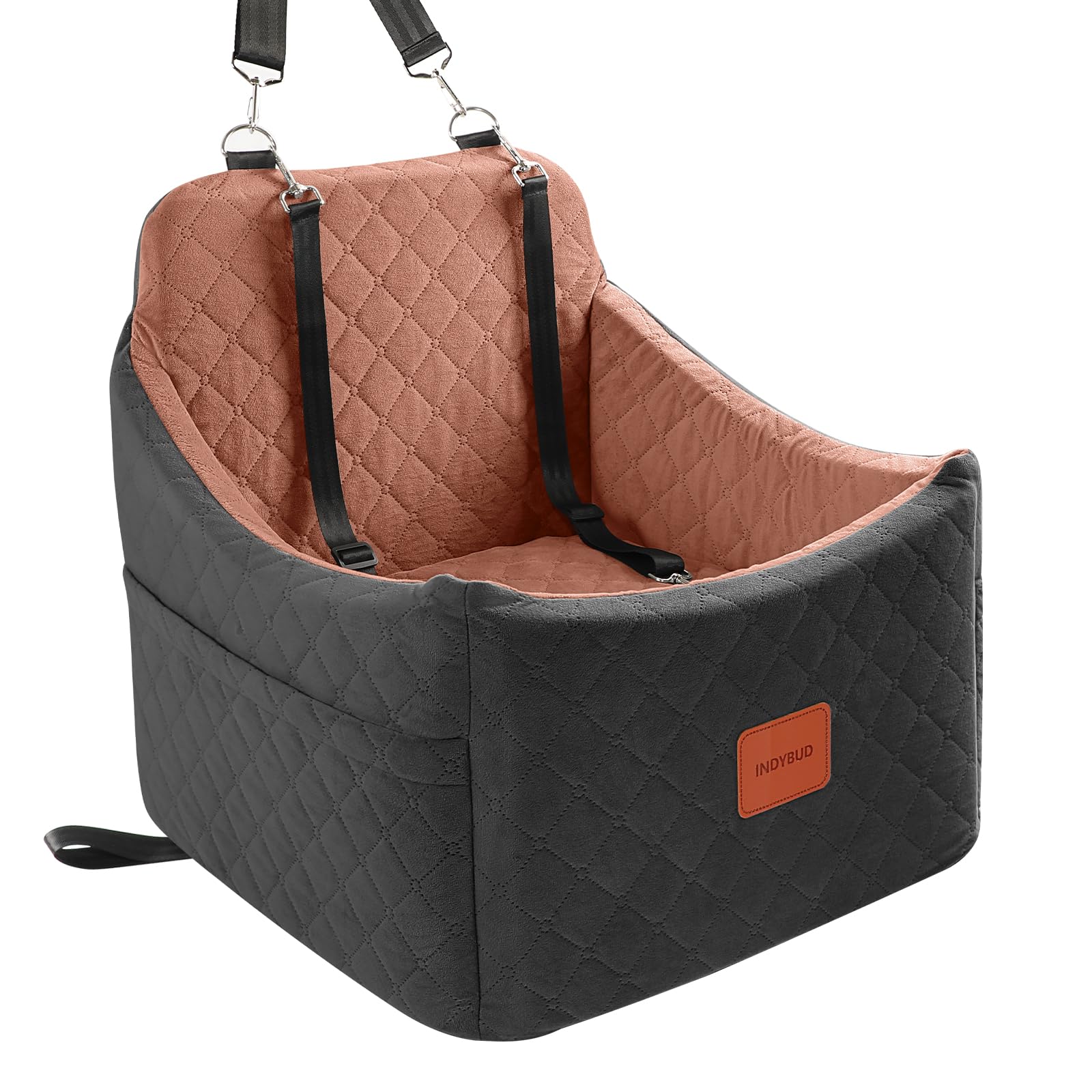 INDYBUD Dog Booster Car Seat for Dogs Up to 35lbs Safety Pet Car Seats with Seatbelt ChannelUltra Soft Fabric with Memory Foam Puppy Car SeatWashable and Detachable(Black/Brown Medium)