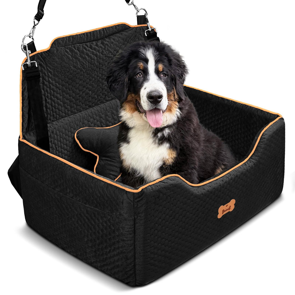 PWTAA Extended Dog Car Seat for Small Medium Dogs Dog Car Bed Seat With Side Pockets Pet Booster Car Seat for 2 Puppy Removable Washable Large Space Car Travel Back Seat Dog Bed 27"x20.5"x11"Black