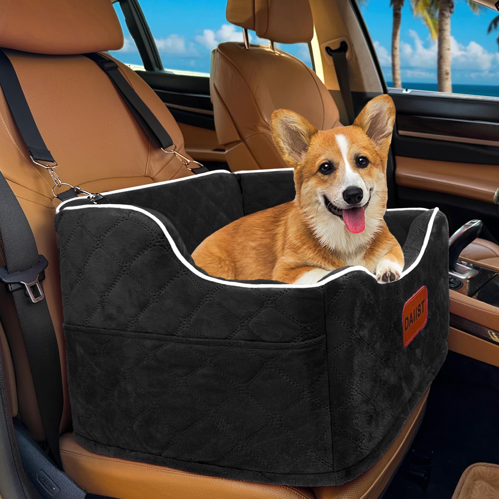 Dog Car Seat for Small Dogs Memory Foam Dog Booster Seat for Medium Dogs Under 35lbs Detachable and Washable Elevated Pet Car Seat with Storage Pockets (Black One Size)