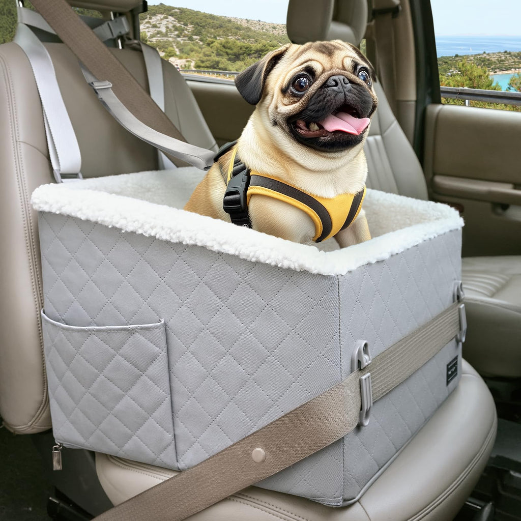 PETSFIT Small Dog Car Seat Soft Foam Dog Booster Car Seat with Patented Safety Buckles Storage Pockets and Detachable Clip-On Safety Leash Dog Car Seat for Medium Dogs 30 LBS (Grey)