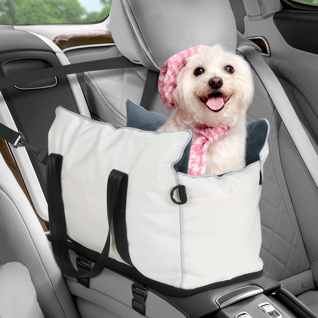 Dog Car Seat for Small Dogs Center Console Dog Bed Dog Car Booster Seat with Soft Cushion & Storage Pockets Puppy Car Seat Support Pet Up to 10lbs (Beige)