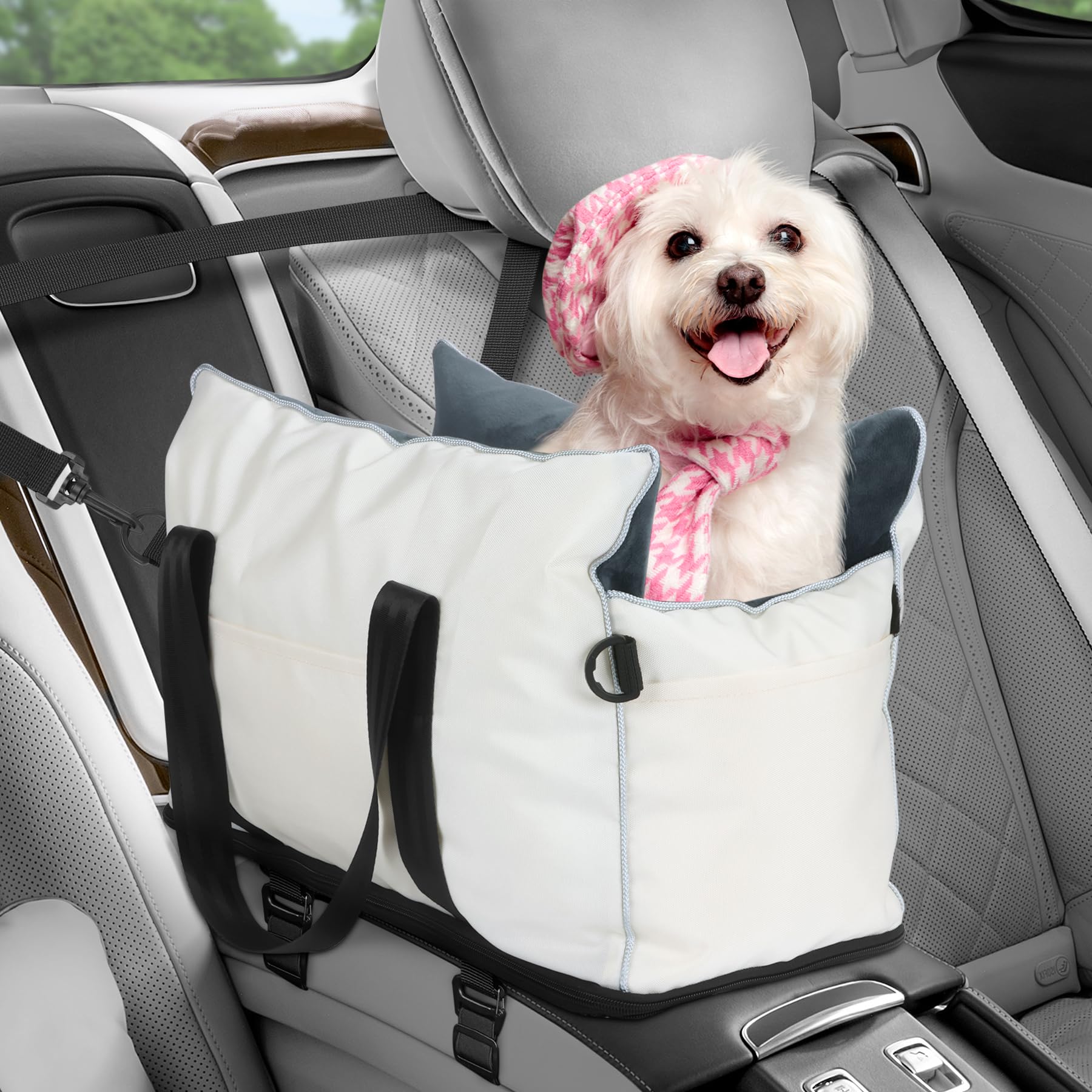 Dog Car Seat for Small Dogs Center Console Dog Bed Dog Car Booster Seat with Soft Cushion & Storage Pockets Puppy Car Seat Support Pet Up to 10lbs (Beige)