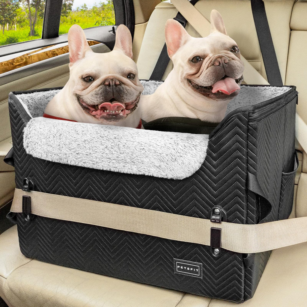 PETSFIT Dog Car Seat Medium Sized Dog Waterproof PU Leather Dog Seat for Car with Patented Safe Buckles 2 Clip-On Safety Leashes Suitable for 2 Small Dogs or a Medium Dog (Medium Black)