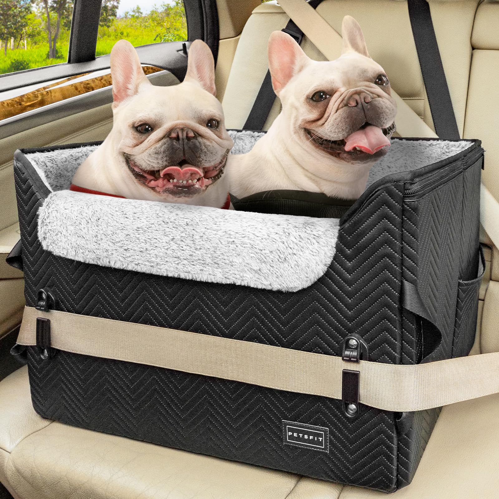PETSFIT Dog Car Seat Medium Sized Dog Waterproof PU Leather Dog Seat for Car with Patented Safe Buckles 2 Clip-On Safety Leashes Suitable for 2 Small Dogs or a Medium Dog (Medium Black)
