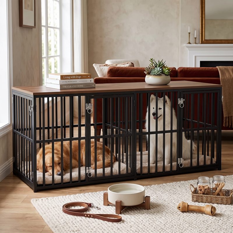 PetPilot Dog Crate Furniture | Wooden Double Kennel, Removable Divider